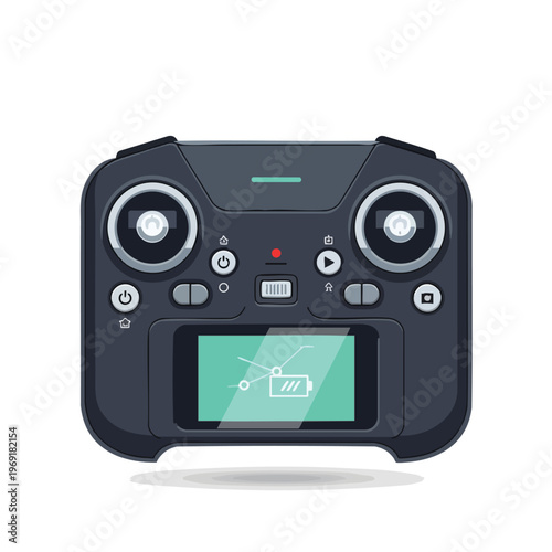 Dark gray remote with joysticks, screen displaying camera, and battery indicator