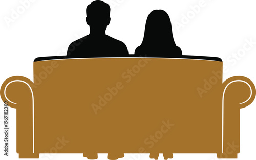 Couple sitting on sofa silhouette rear view people watching television home lifestyle concept isolated vector illustration furniture design