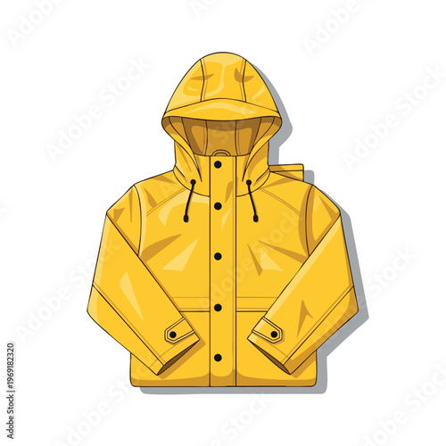 Bright yellow hooded raincoat with snap buttons and drawstring details
