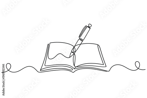 An open book with a pen resting on its pages drawn in a single line