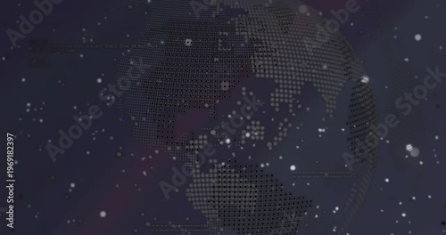 Playback starting, dotted globe rotating revealing continents as particles drift, showing tech data