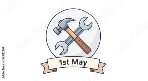 1st May International Workers' Day badge with crossed hammer and wrench tools