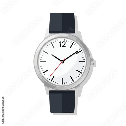 Analog wrist watch with white face, black band, and metallic casing