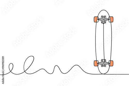 Abstract one line drawing of a skateboard on a white background
