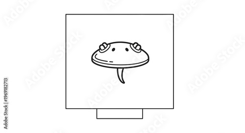 Minimalist black and white line art depicting a stylized creature's head with eyes and a tongue