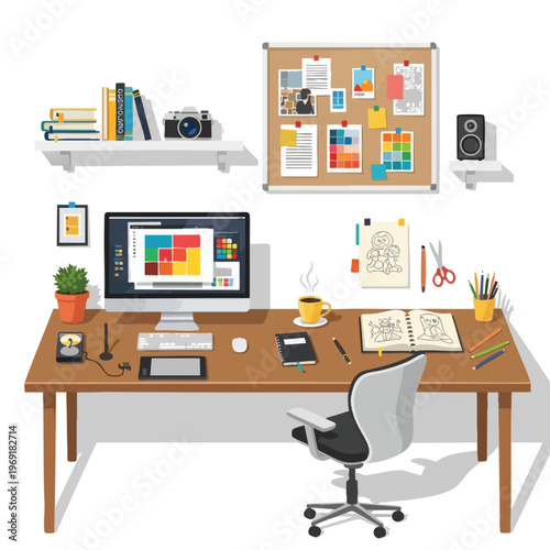 Desk setup with computer, graphics tablet, notebook, coffee, and art supplies