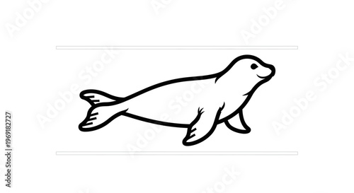 Minimalist black outline drawing of a cheerful seal swimming gracefully with happy expression