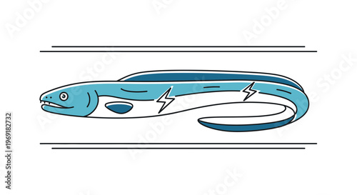 Stylized electric eel illustration featuring lightning bolts on its dynamic blue body with bold