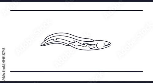 Minimalist black and white line art illustration of an elegant swimming eel in clear water