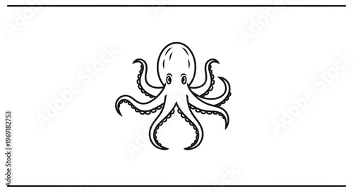 Minimalist black outline drawing of an adorable ocean octopus with eight detailed tentacles