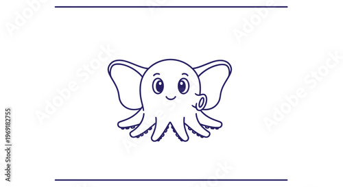 Adorable line art illustration of a cheerful elephant-octopus hybrid creature for playful concepts