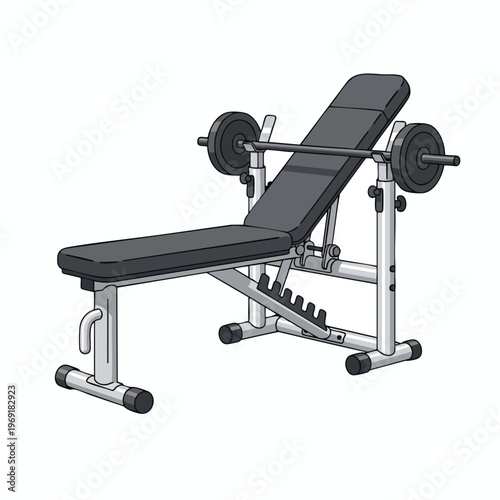 Adjustable exercise bench with barbell and weight plates