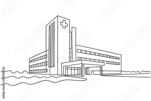 Line drawing depicts a modern hospital building with a cross symbol