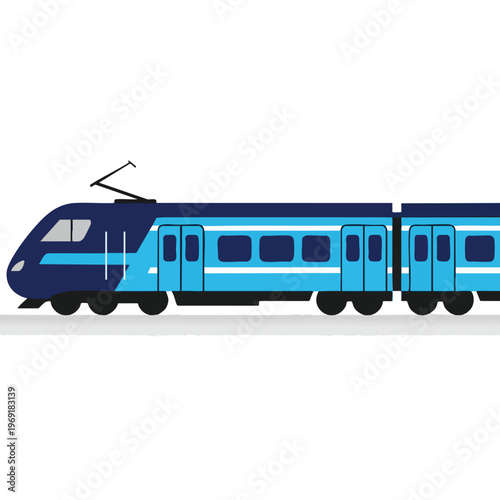 Modern blue passenger train with distinctive windows and pantograph on a plain background