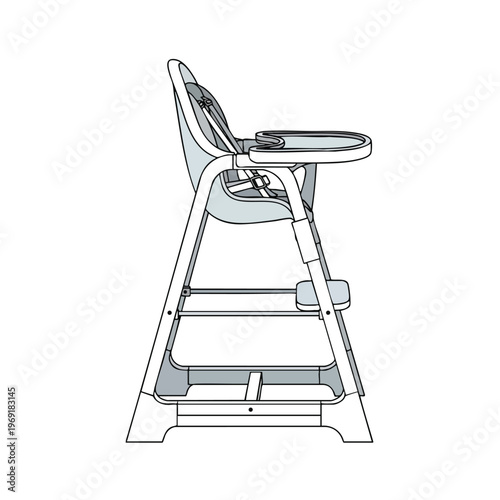 A detailed line drawing of a modern gray high chair with tray and safety straps