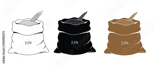 Three different types of grain sacks filled with wheat rice and flour isolated on white background