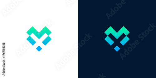 Modern abstract geometric letter M V X logo design featuring a vibrant gradient of blue and green, ideal for technology, digital, or data-related branding solutions