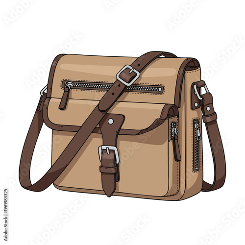 A tan messenger bag with brown leather accents and silver hardware