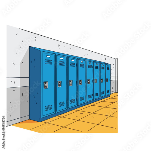 A row of blue metal school lockers along a grey wall with a tiled yellow floor