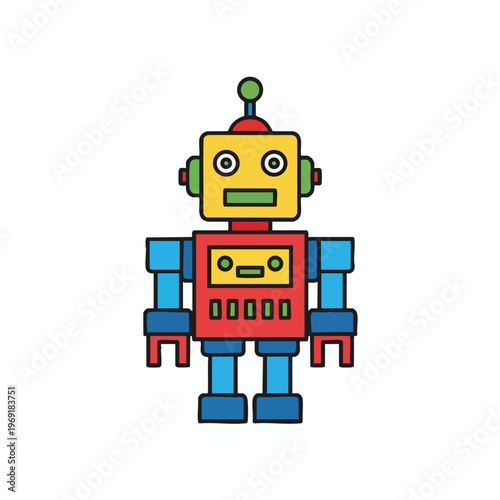 A cartoon robot with a yellow head, red body, and blue limbs on a white background