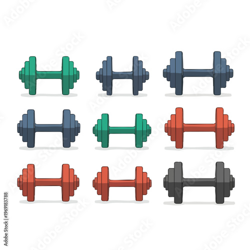 Nine colorful barbells arranged in three rows of three