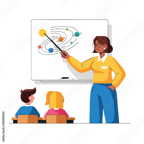 Teacher points to solar system diagram on whiteboard for two attentive students
