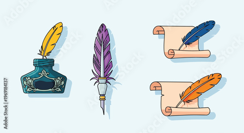 Colorful quill pens and rolled parchment paper on a light background