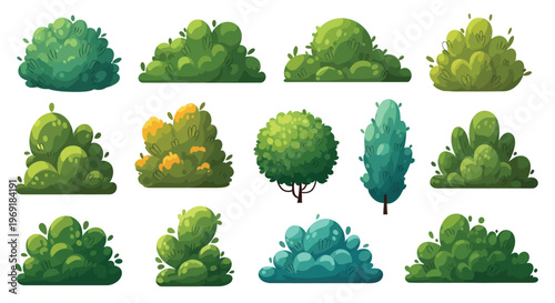Collection of cartoon style bushes and trees in varying shades