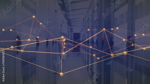 Server racks holding still in datacenter as datastream driving graph pulsing nodes mapping traffic