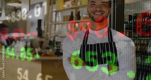 Camera revealing, cafe owner standing arms crossed, tickers scrolling and changing, showing profits