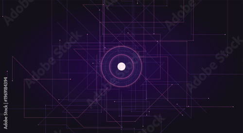 Minimalist futuristic data visualization network background with dark purple glowing circuit lines and central node for advanced computing layout tech ui web dashboard vector design