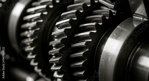 Close-up of interlocking metal gears machinery.
