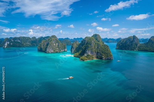 Vibrant Ha Long Bay Aerial - Emerald Waters, Towering Karst Islands, and Distant Boat.