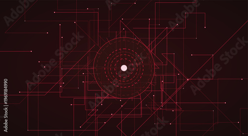 High tech digital plexus background featuring crimson red connecting lines and central glowing node for abstract big data visualization software interface and dynamic vector illustration