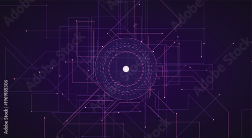 Abstract futuristic digital network background with glowing purple lines and connecting dots forming a central geometric target for modern tech server presentation vector illustration