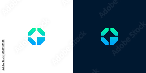 Dynamic geometric abstract logo design with interconnected angular shapes, presented in a vibrant blue and green gradient, symbolizing innovation, digital progress, and forward momentum