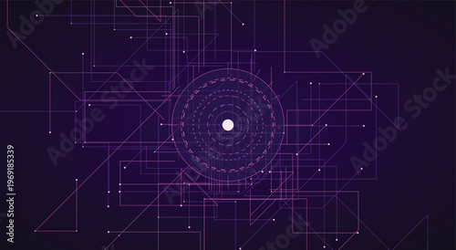 Purple digital circuit network backgrounds project a central glowing tech node, offering a futuristic vector layout collection to flawlessly upgrade corporate presentation design templates.