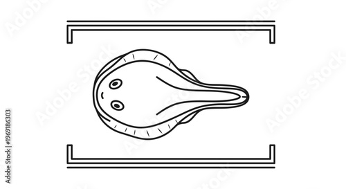 Minimalist black and white outline illustration of a stylized marine creature swimming within a