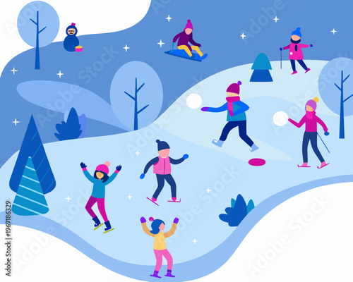 Children enjoying various winter activities in a snowy landscape scene