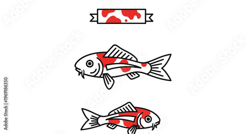 Minimalistic artistic representation of two stylized koi fish with a complementary banner design