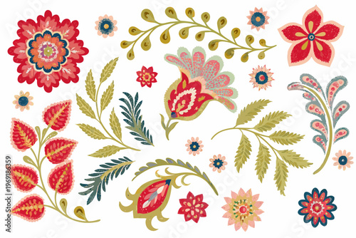 Foto Colorful folk floral arrangements and botanical elements on a white background