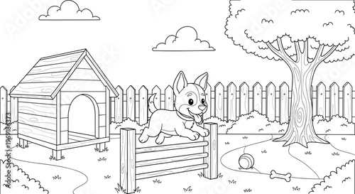 Cute puppy playing in backyard with dog house fence tree and toys outline vector illustration for kids coloring book design
