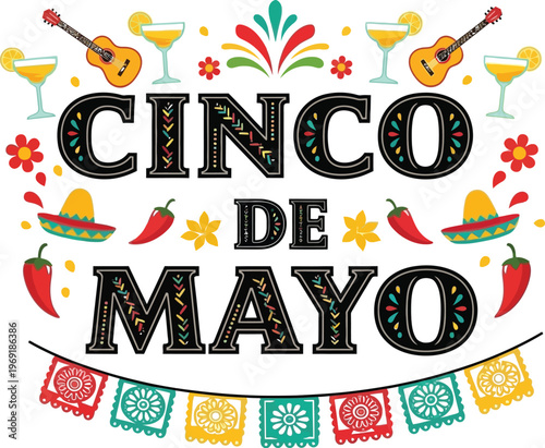 Vibrant Cinco de Mayo celebration illustration featuring traditional Mexican elements like guitars, sombreros, and festive decorations