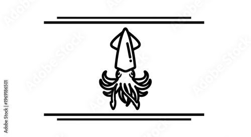 Minimalist black and white line art illustration of a stylized squid, featuring a marine creature