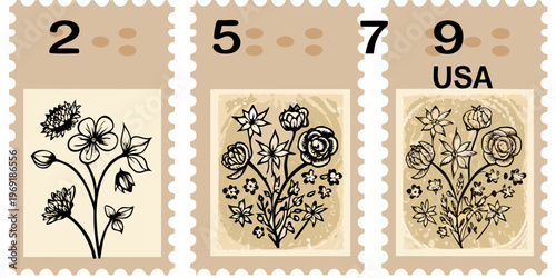 Vintage postage stamps featuring floral designs and numerical values