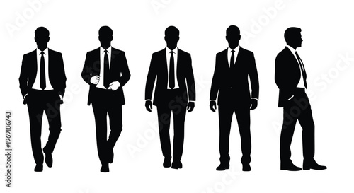 Various vector silhouettes of business men in formal suits for corporate and professional design illustration.
