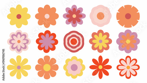 Colorful stylized flowers arranged in a grid pattern on white