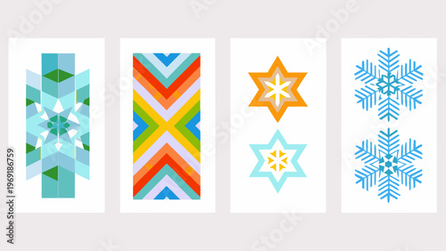 Four colorful geometric patterned bookmark designs on a white background