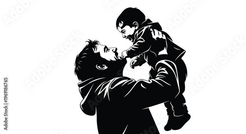 Joyful black and white vector illustration of a father lovingly holding his happy baby son up in the air.