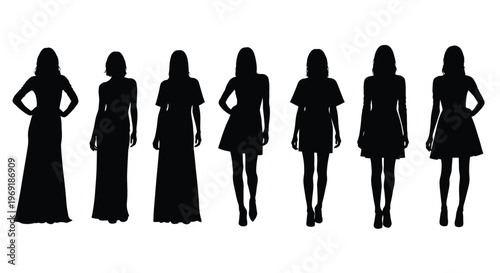 Collection of diverse elegant female silhouettes posing in different fashion styles and lengths vector illustration.